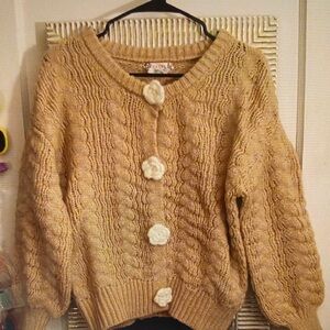 Hazel Tan Cable Knit Cardigan with White Floral Buttons